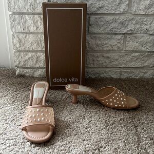 Dolce Vita Tan Pearl-Studded Mules